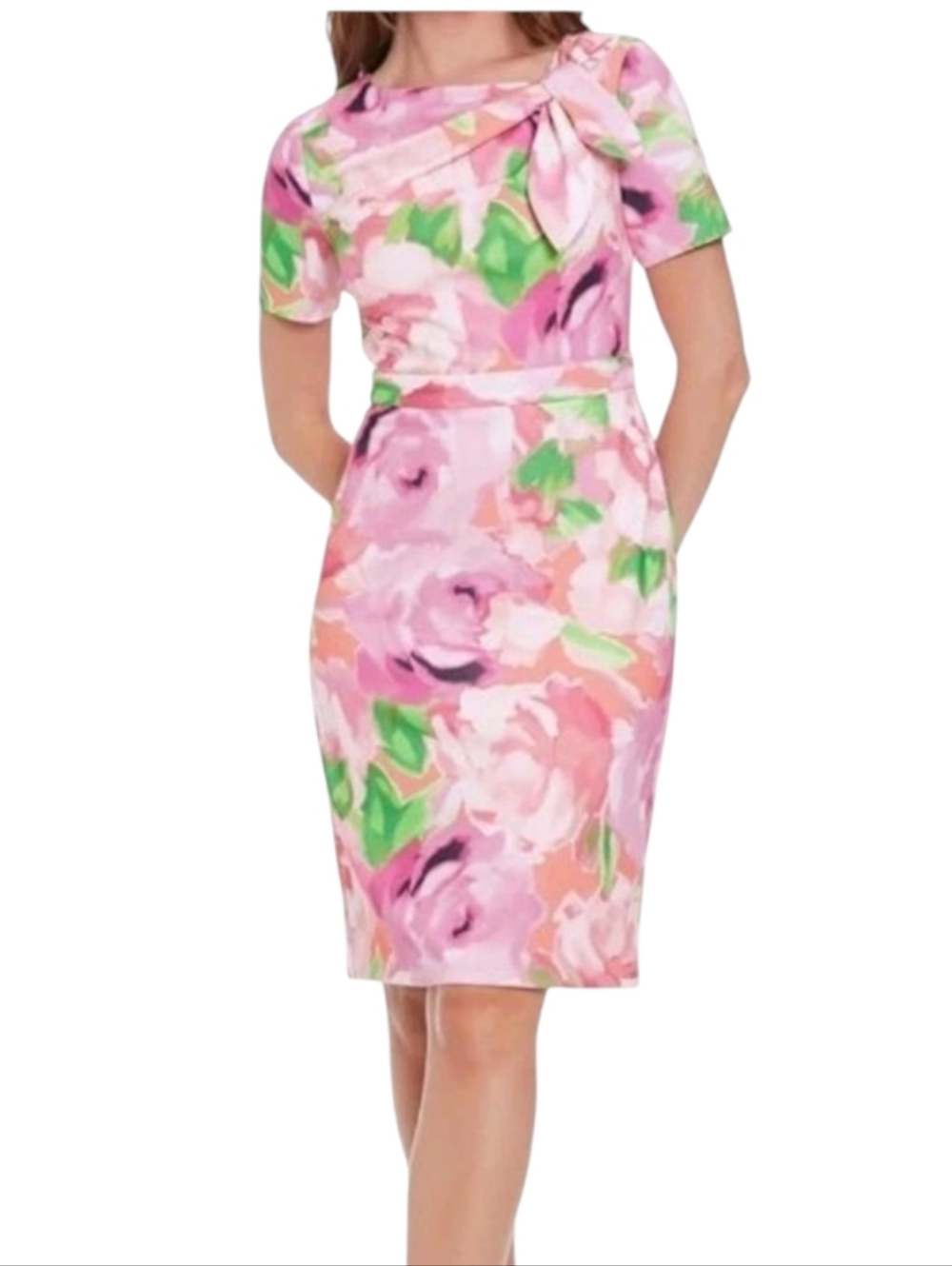 London Times Pink Floral Midi Sheath Dress with Bow...Size 8